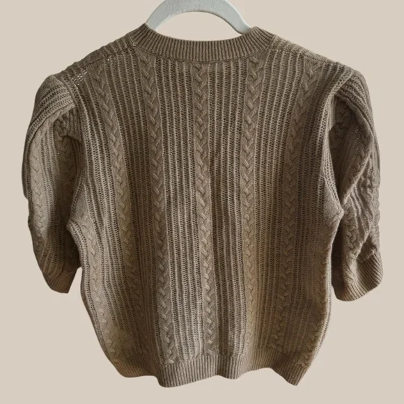 Frame Denim Cashmere Cable-Knit Puff-Sleeve Sweater in Camel - Picture 2 of 4
